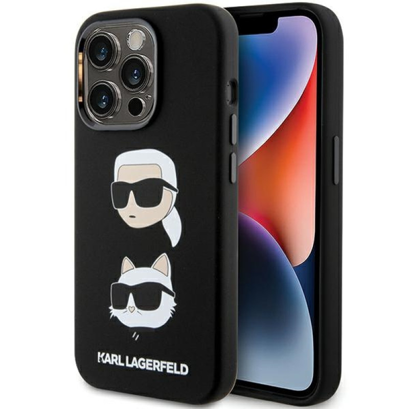 Karl Lagerfeld KLHCP15XSDHKCNK vedelast silikoonist Karl and Choupette Heads ümbris Apple iPhone 15 Pro Max jaoks, must