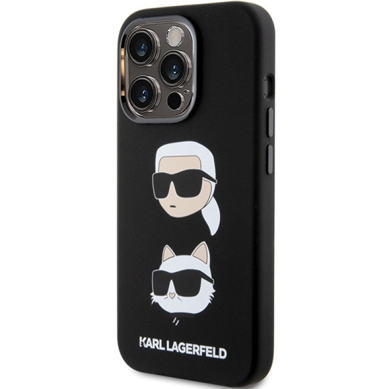 Karl Lagerfeld KLHCP15XSDHKCNK vedelast silikoonist Karl and Choupette Heads ümbris Apple iPhone 15 Pro Max jaoks, must