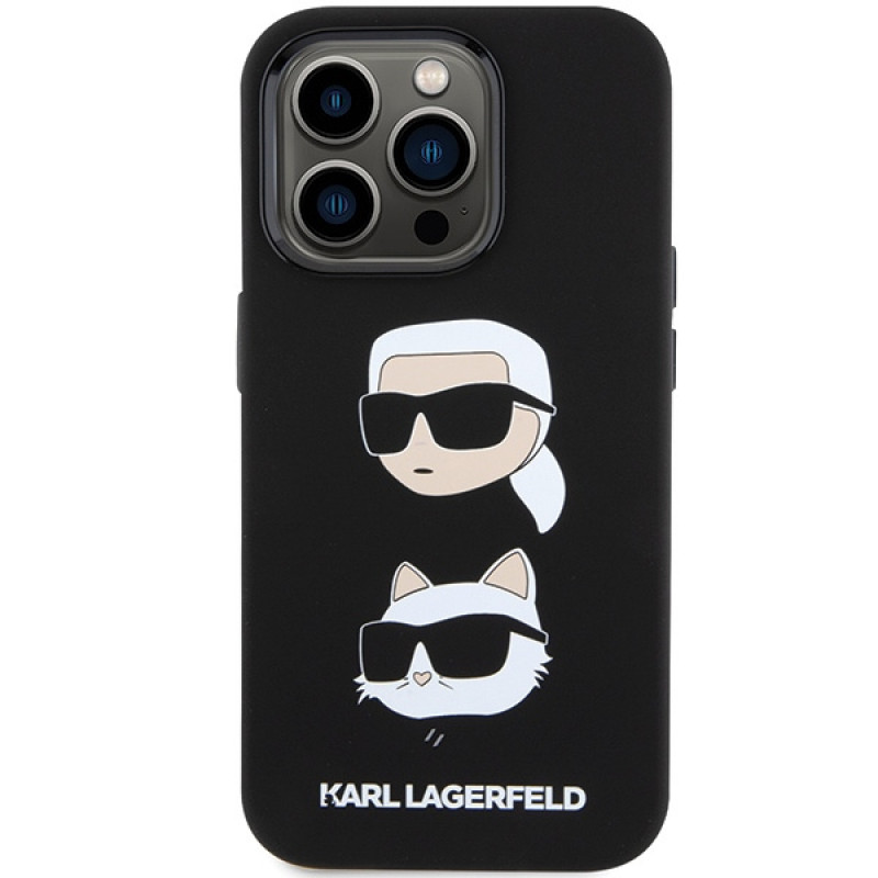 Karl Lagerfeld KLHCP15XSDHKCNK vedelast silikoonist Karl and Choupette Heads ümbris Apple iPhone 15 Pro Max jaoks, must