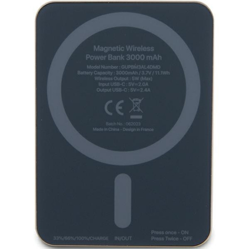 Guess GUPBM3AL4DMD kaasaskantav akupank 3000 mAh, 5 W, MagSafe 4G Strassed Metal Logo, kuldne