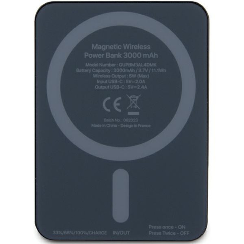 Guess GUPBM3ALGSGK kaasaskantav akupank 3000 mAh, 5 W, MagSafe Metal Script Logo, must