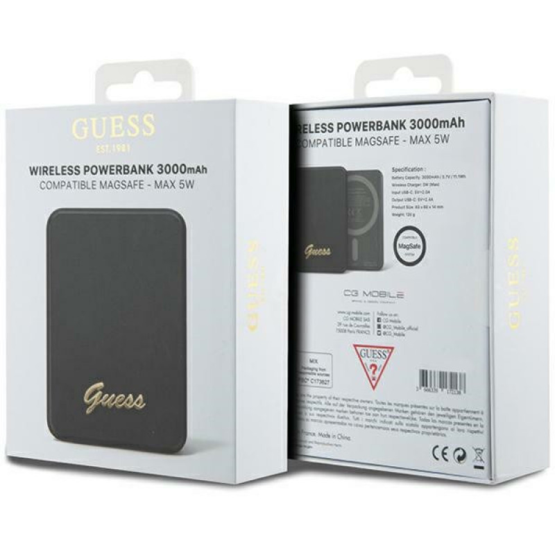 Guess GUPBM3ALGSGK kaasaskantav akupank 3000 mAh, 5 W, MagSafe Metal Script Logo, must