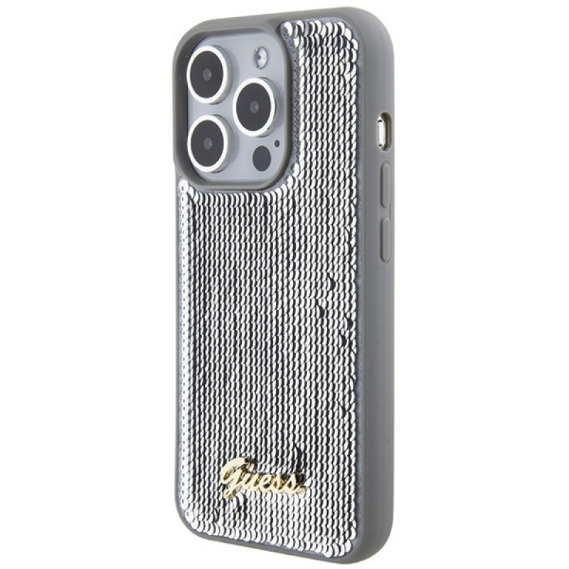Guess GUHCP15LPSFDGSS Sequin Script Metal kõvakate Apple iPhone 15 Pro jaoks, hõbedane