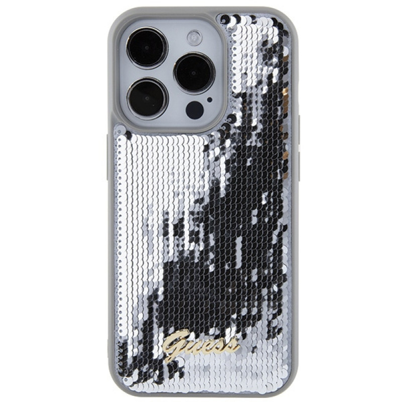 Guess GUHCP15LPSFDGSS Sequin Script Metal kõvakate Apple iPhone 15 Pro jaoks, hõbedane