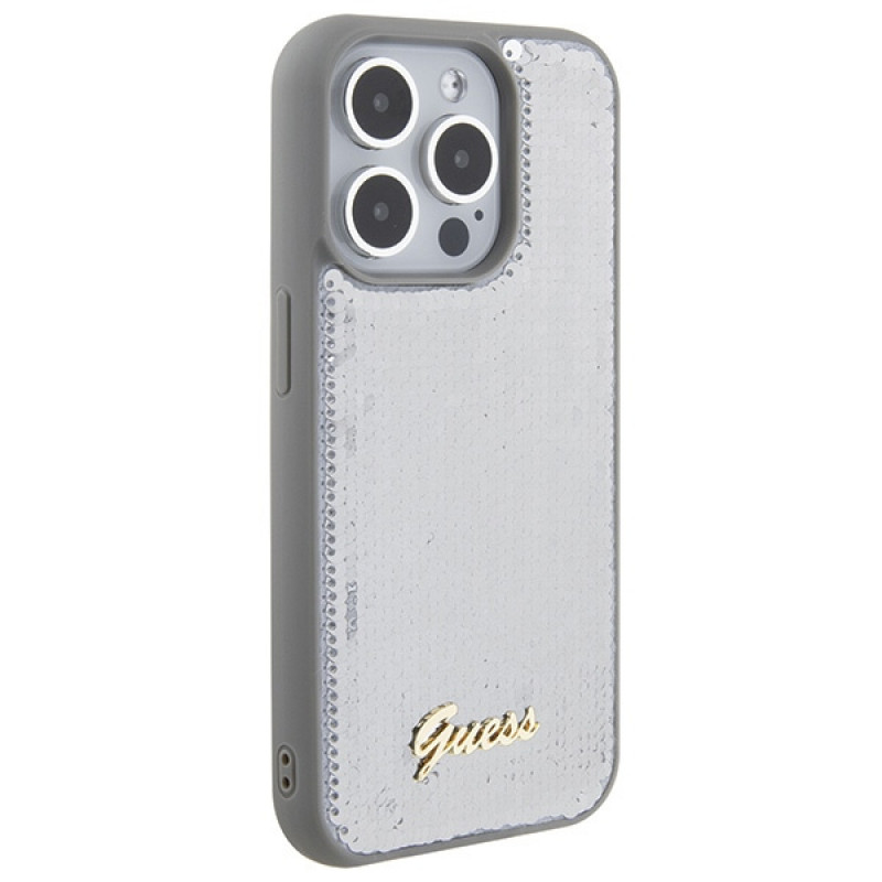 Guess GUHCP15LPSFDGSS Sequin Script Metal kõvakate Apple iPhone 15 Pro jaoks, hõbedane