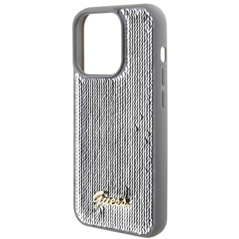 Guess GUHCP15LPSFDGSS Sequin Script Metal kõvakate Apple iPhone 15 Pro jaoks, hõbedane