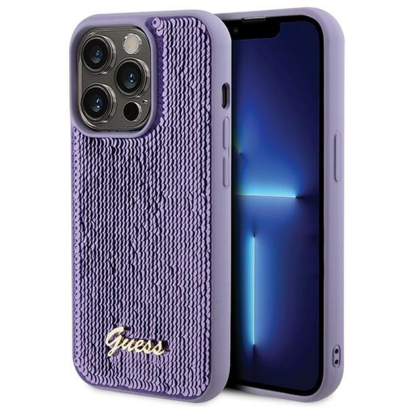 Guess GUHCP15XPSFDGSU Sequin Script Metal kõvakate Apple iPhone 15 Pro Max-le, lilla