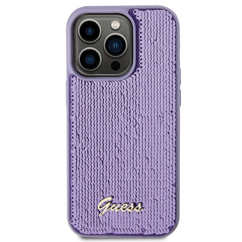 Guess GUHCP15XPSFDGSU Sequin Script Metal kõvakate Apple iPhone 15 Pro Max-le, lilla