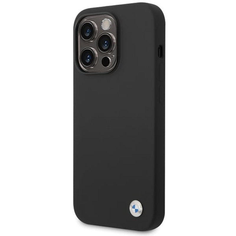 BMW BMHCP15LSILBK Apple iPhone 15 Pro silikoonkate metallse logoga, must