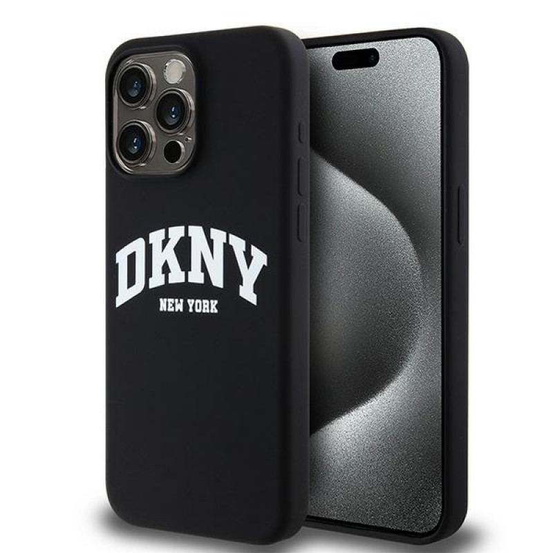 DKNY Apple iPhone 15 Pro Maxi kõvakate Liquid Silicone White Printed Logo MagSafe, must