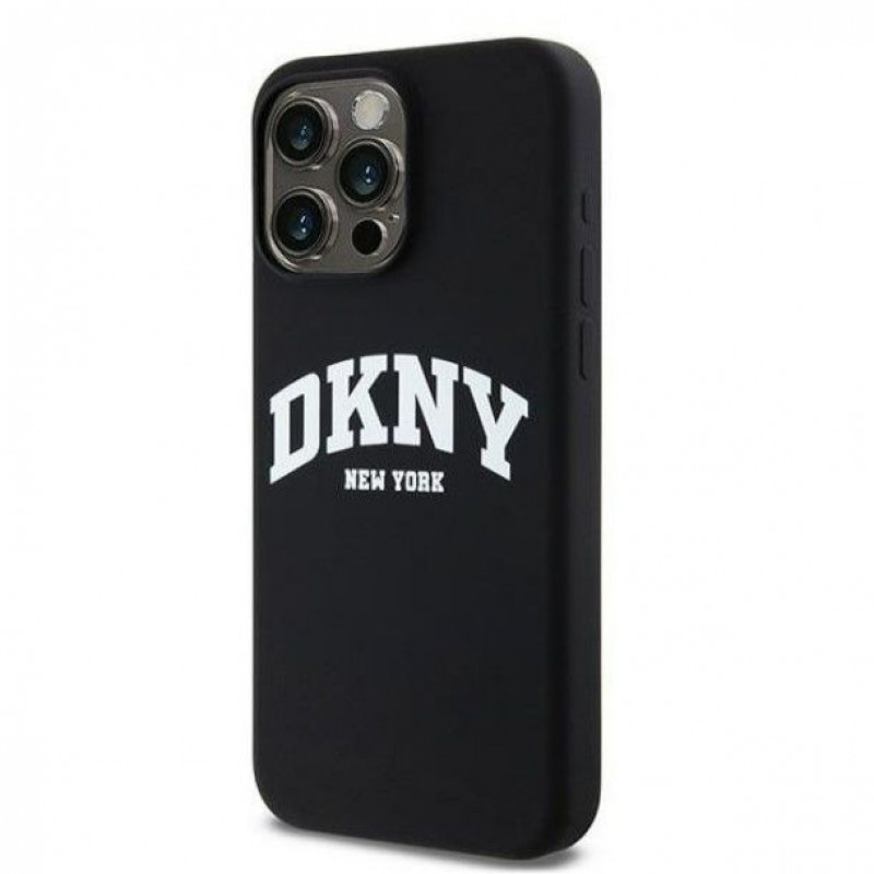 DKNY Apple iPhone 15 Pro Maxi kõvakate Liquid Silicone White Printed Logo MagSafe, must