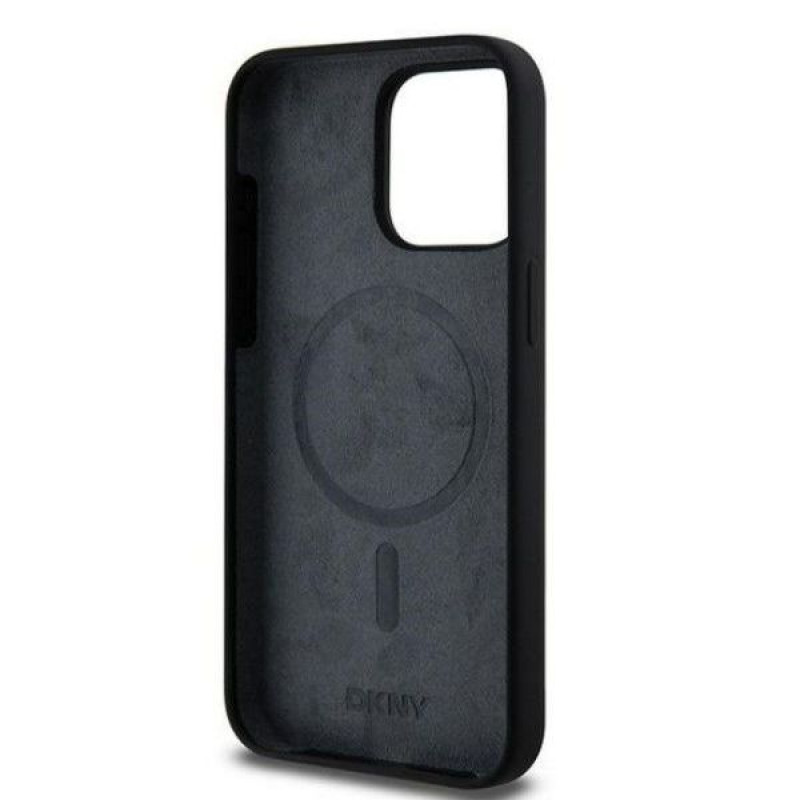DKNY Apple iPhone 15 Pro Maxi kõvakate Liquid Silicone White Printed Logo MagSafe, must