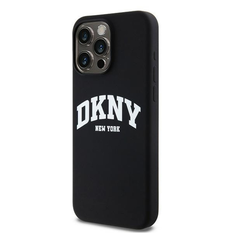 DKNY Apple iPhone 15 Pro Maxi kõvakate Liquid Silicone White Printed Logo MagSafe, must