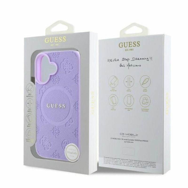 Guess Saffiano Peony Stamp MagSafe kaitsekott Apple iPhone 16-le, lilla