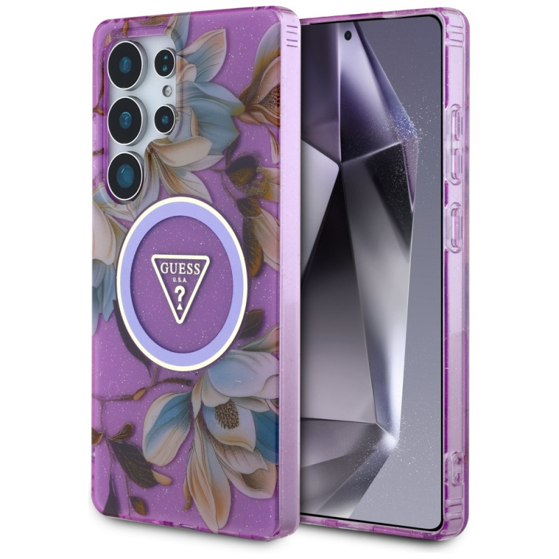 Guess Glitter Flowers Triangle Buttons MagSafe ümbris Samsung Galaxy S25 Ultra jaoks, lilla