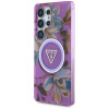Guess Glitter Flowers Triangle Buttons MagSafe ümbris Samsung Galaxy S25 Ultra jaoks, lilla