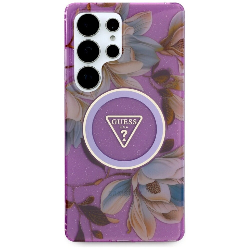 Guess Glitter Flowers Triangle Buttons MagSafe ümbris Samsung Galaxy S25 Ultra jaoks, lilla