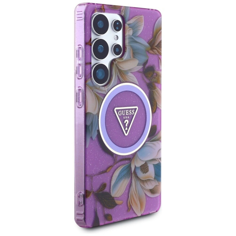Guess Glitter Flowers Triangle Buttons MagSafe ümbris Samsung Galaxy S25 Ultra jaoks, lilla