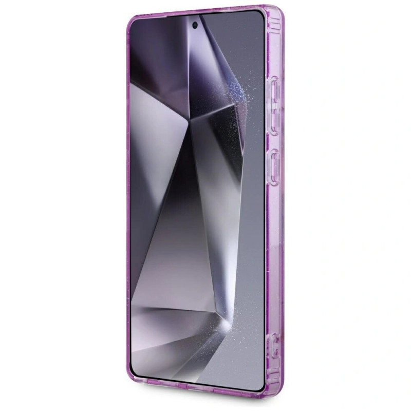 Guess Glitter Flowers Triangle Buttons MagSafe ümbris Samsung Galaxy S25 Ultra jaoks, lilla