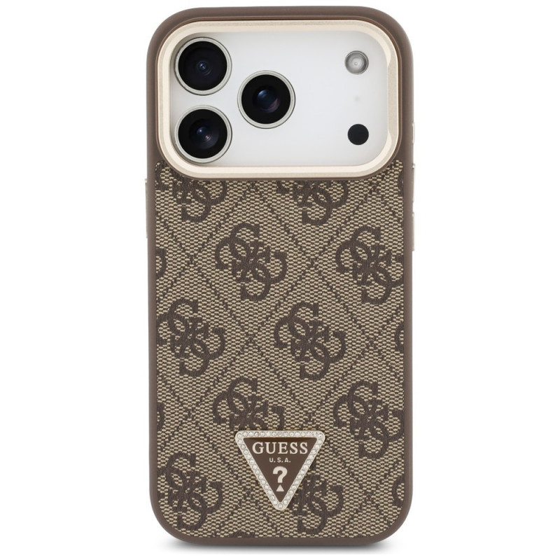 Guess 4G PU Triangle Logo & Stand Camera MagSafe kaitsekott Apple iPhone 18 Pro / 17 Pro jaoks, pruun