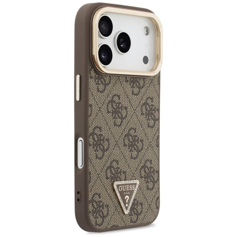Guess 4G PU Triangle Logo & Stand Camera MagSafe kaitsekott Apple iPhone 18 Pro / 17 Pro jaoks, pruun