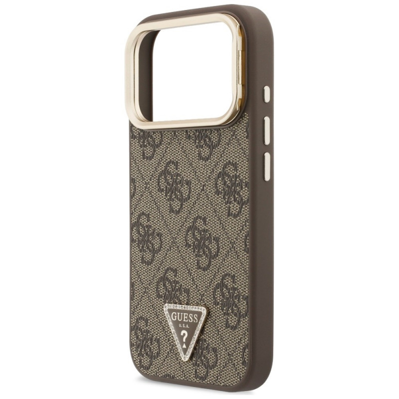 Guess 4G PU Triangle Logo & Stand Camera MagSafe kaitsekott Apple iPhone 18 Pro / 17 Pro jaoks, pruun