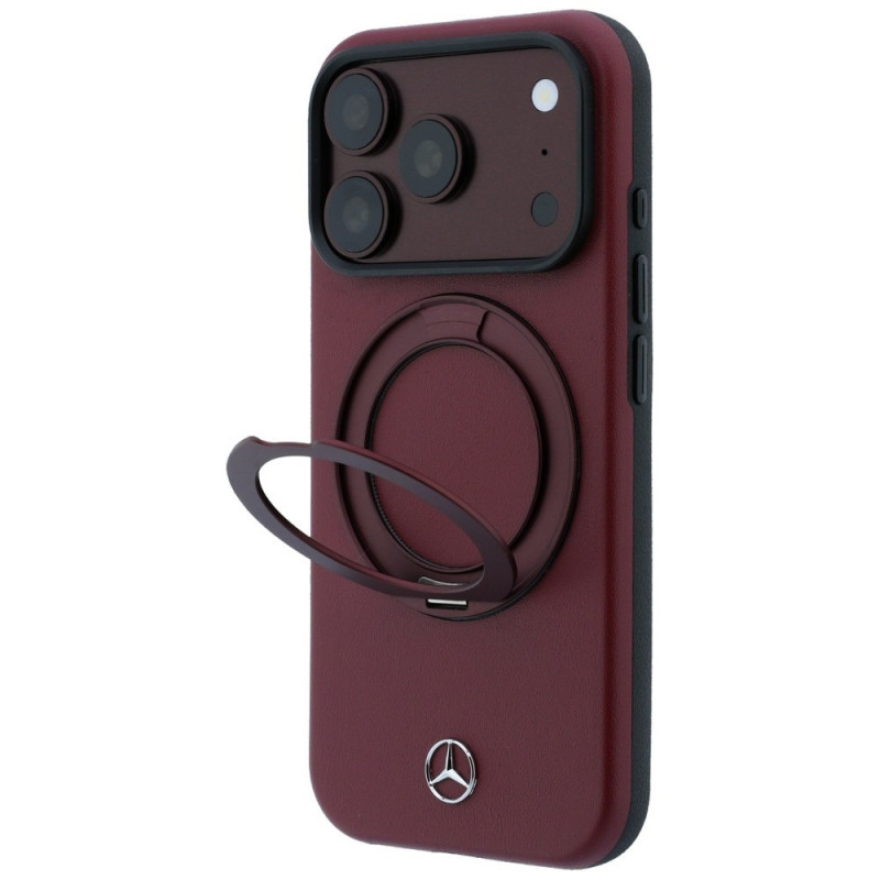 Mercedes-Benz Leather with Ring Stand MagSafe kaitsekott Apple iPhone 18 Pro / 17 Pro jaoks, burgundiapunane