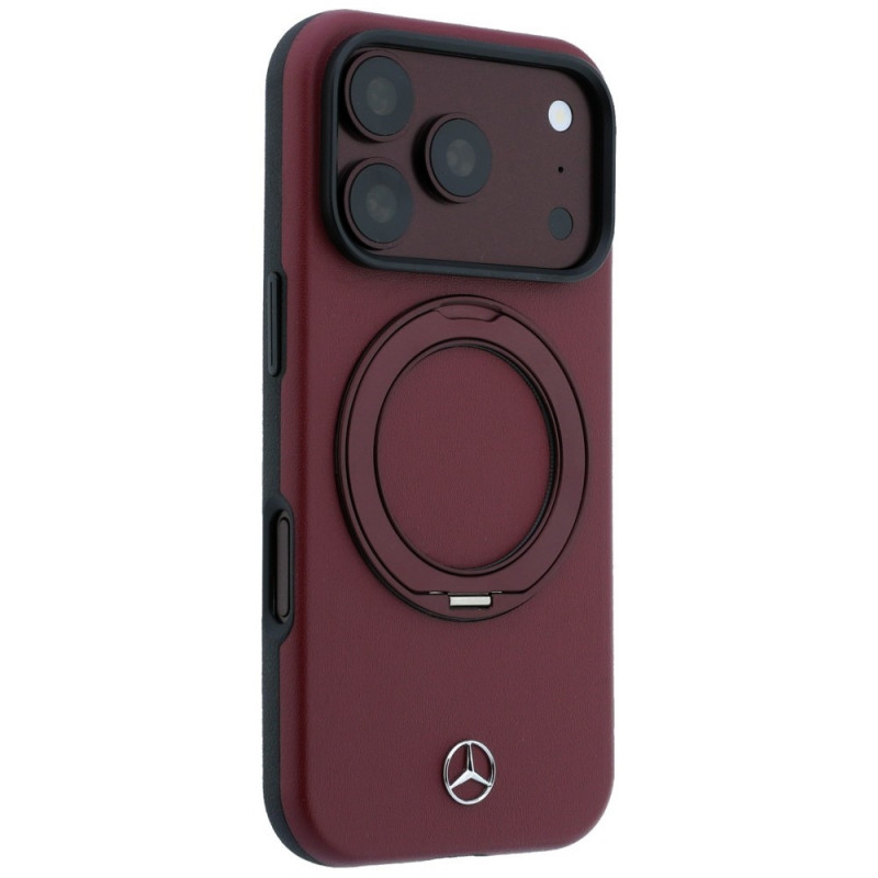Mercedes-Benz nahast rõngastoe ja MagSafe'iga ümbris Apple iPhone 18 Pro Max / 17 Pro Max jaoks, burgundiapunane