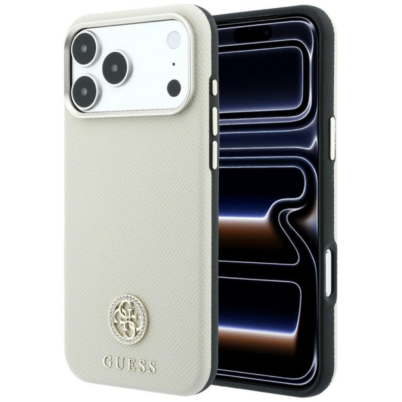 Guess GUE005545 Grained Round Strass Logo MagSafe kaitsekott Apple iPhone 18 Pro / 17 Pro jaoks, beež