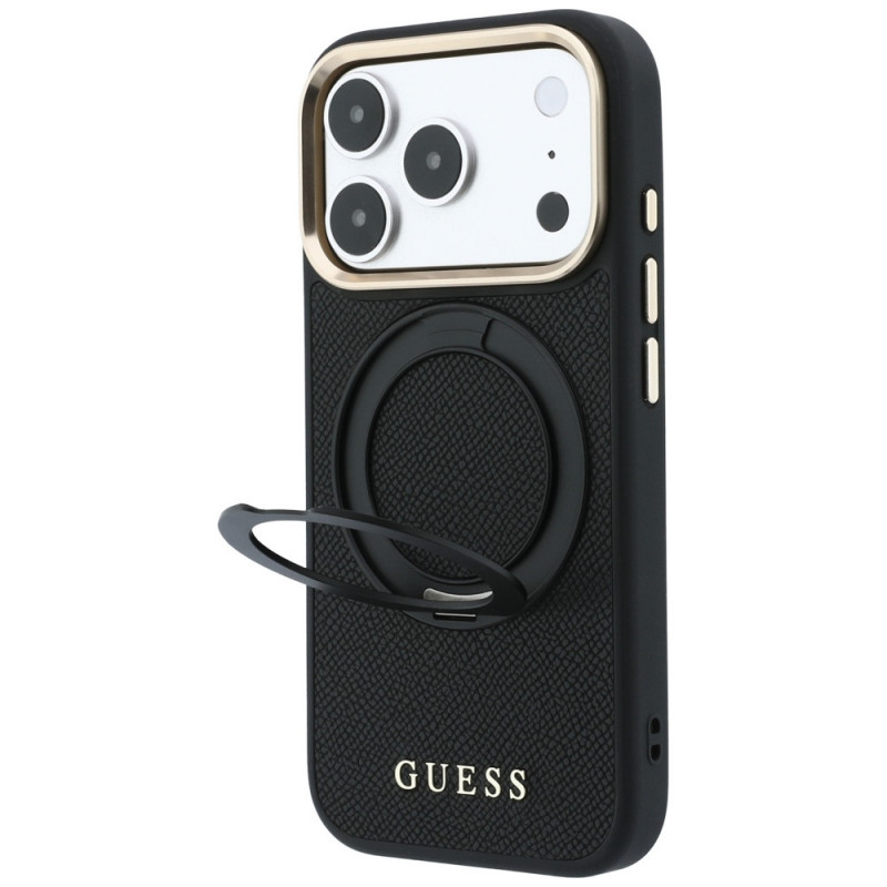 Guess Ring Stand 360 Grained Classic Logo MagSafe kaitsekott Apple iPhone 18 Pro / 17 Pro jaoks, must