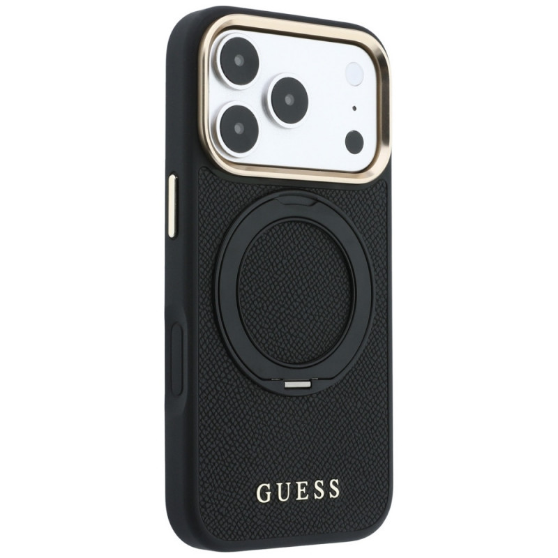 Guess Ring Stand 360 Grained Classic Logo MagSafe kaitsekott Apple iPhone 18 Pro / 17 Pro jaoks, must