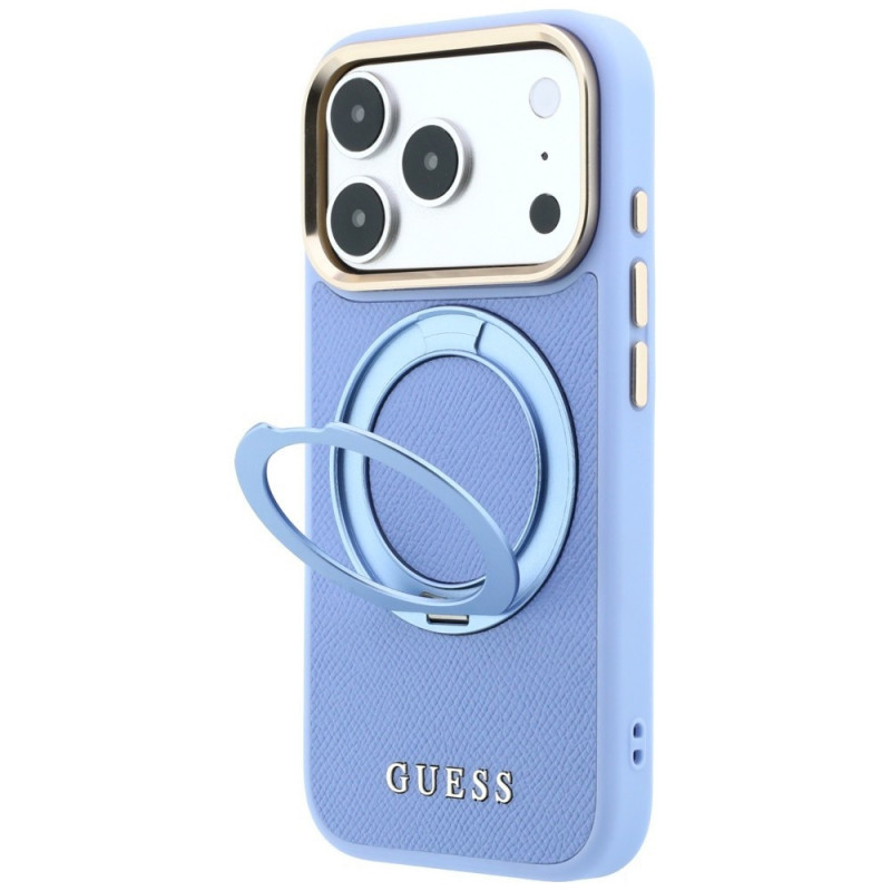 Guess Ring Stand 360 Grained Classic Logo MagSafe kaitsekott Apple iPhone 18 Pro / 17 Pro jaoks, helesinine