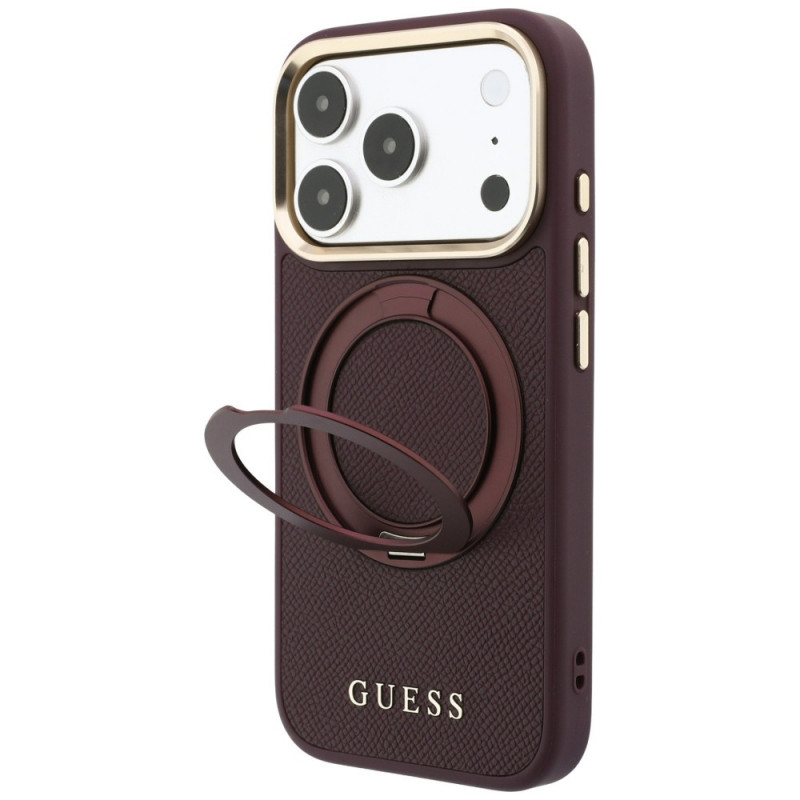 Guess Ring Stand 360 Grained Classic Logo MagSafe kaitsekott Apple iPhone 18 Pro / 17 Pro jaoks, burgundiapunane