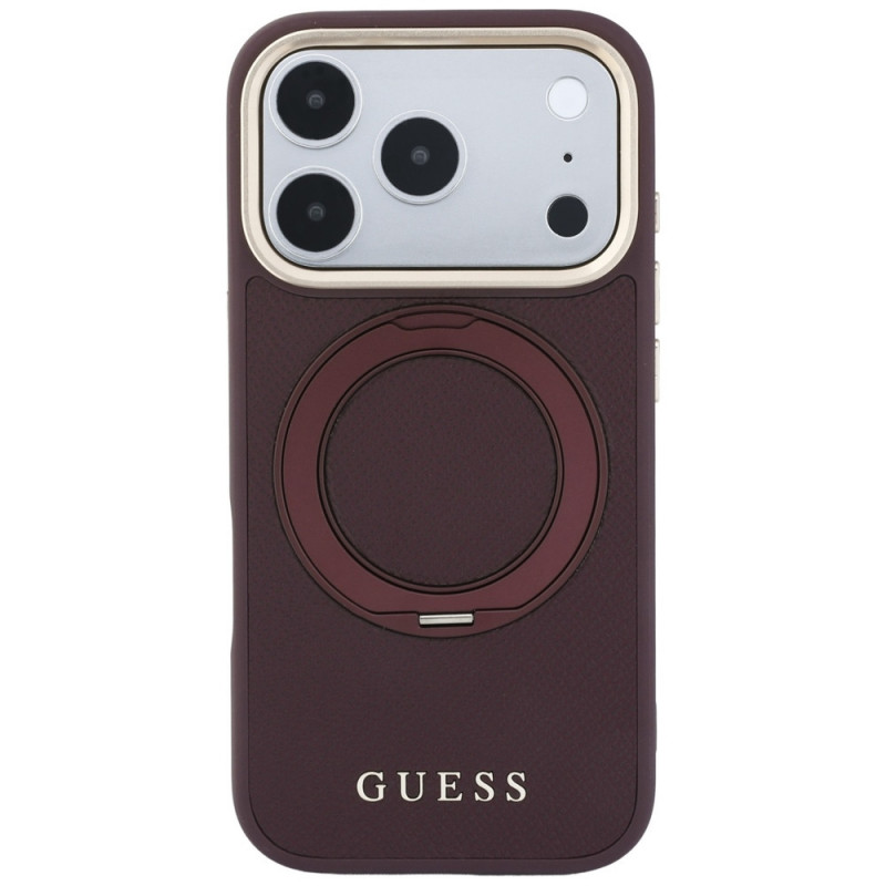 Guess Ring Stand 360 Grained Classic Logo MagSafe kaitsekott Apple iPhone 18 Pro / 17 Pro jaoks, burgundiapunane