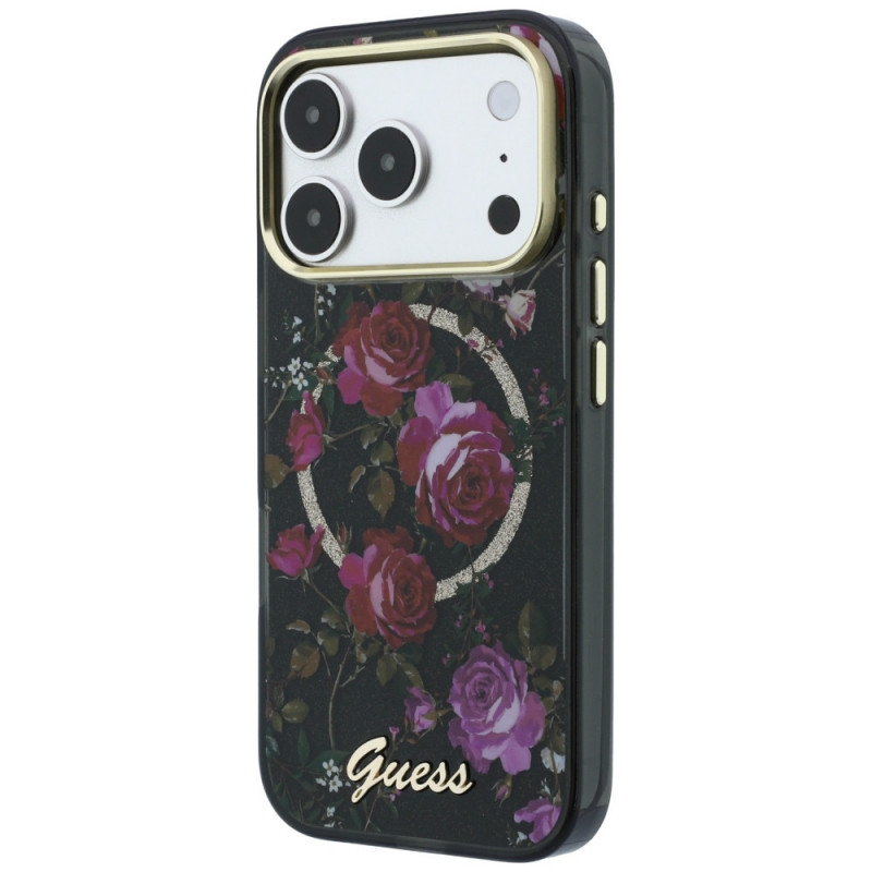 Guess GUE6042 IML Glitter Blossom Roses MagSafe kõvakate Apple iPhone 18 Pro Max / 17 Pro Max, must