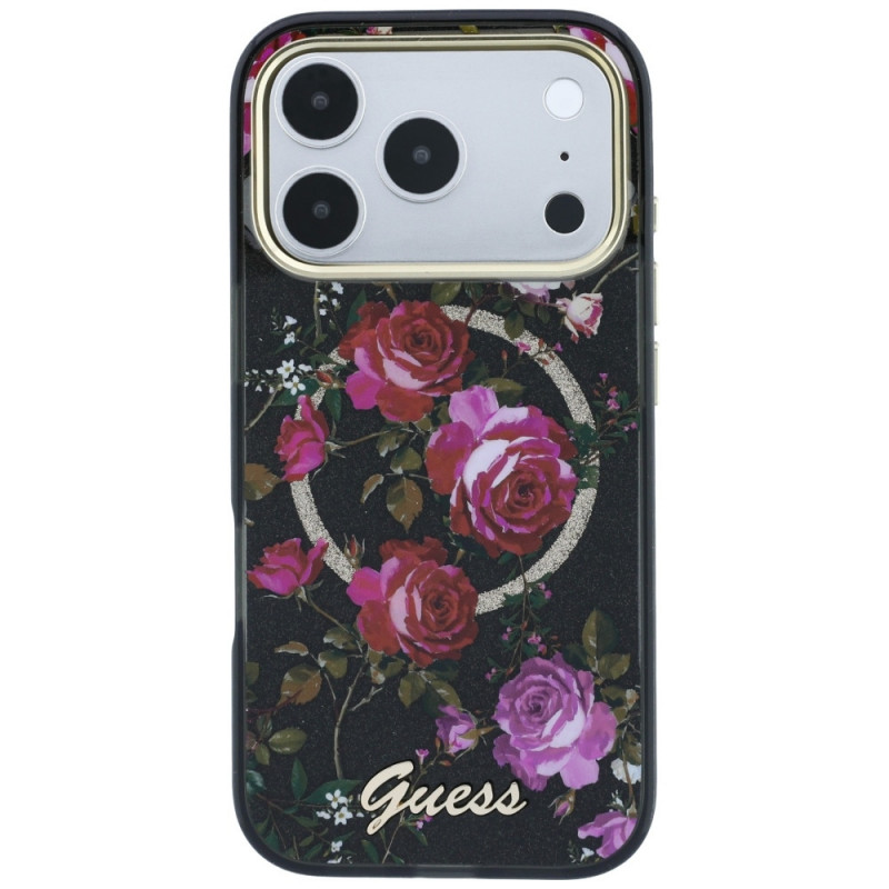 Guess GUE6042 IML Glitter Blossom Roses MagSafe kõvakate Apple iPhone 18 Pro Max / 17 Pro Max, must