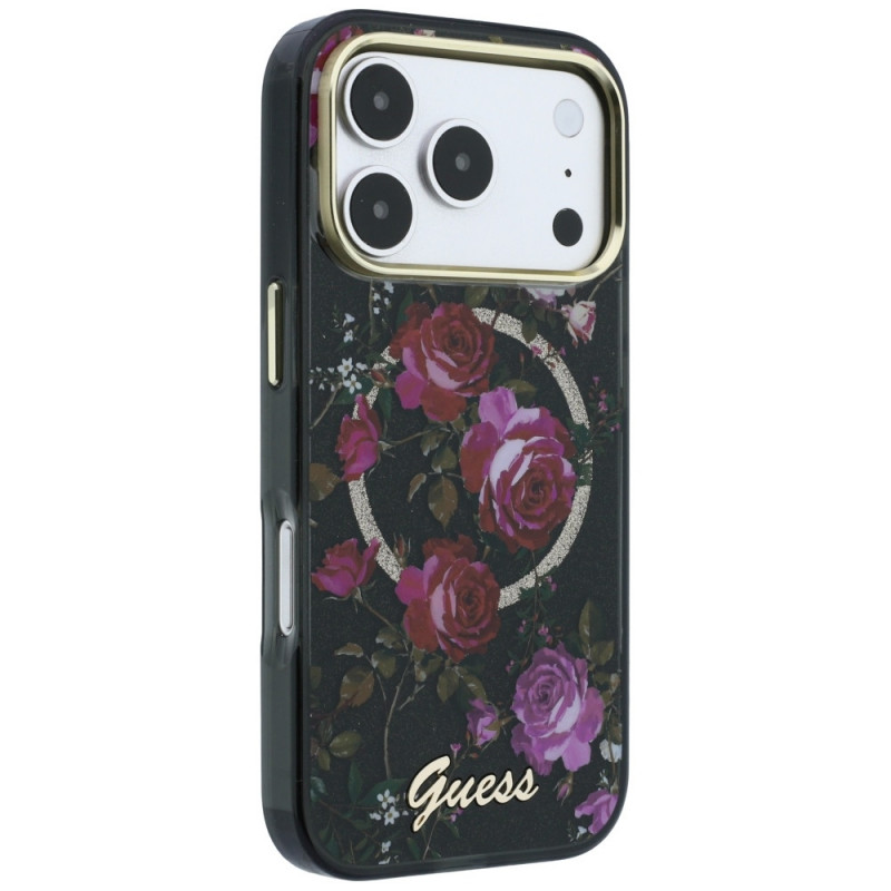 Guess GUE6042 IML Glitter Blossom Roses MagSafe kõvakate Apple iPhone 18 Pro Max / 17 Pro Max, must
