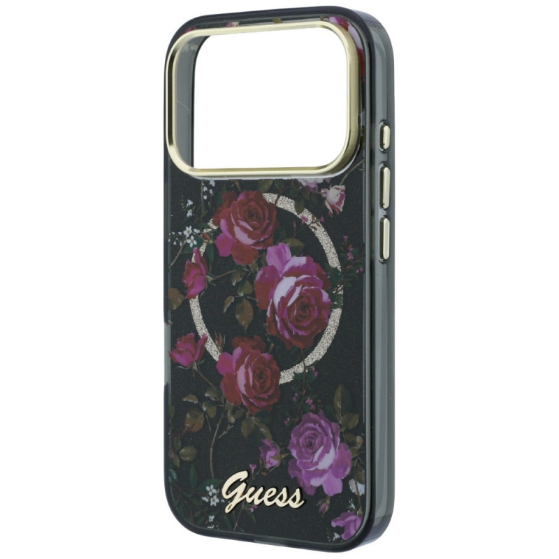 Guess GUE6042 IML Glitter Blossom Roses MagSafe kõvakate Apple iPhone 18 Pro Max / 17 Pro Max, must