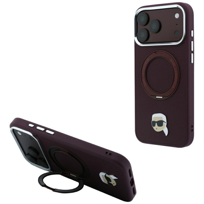Karl Lagerfeld with Ring Stand 360 Karl Head Pin MagSafe kate Apple iPhone 18 Pro Max / 17 Pro Max jaoks, burgundy