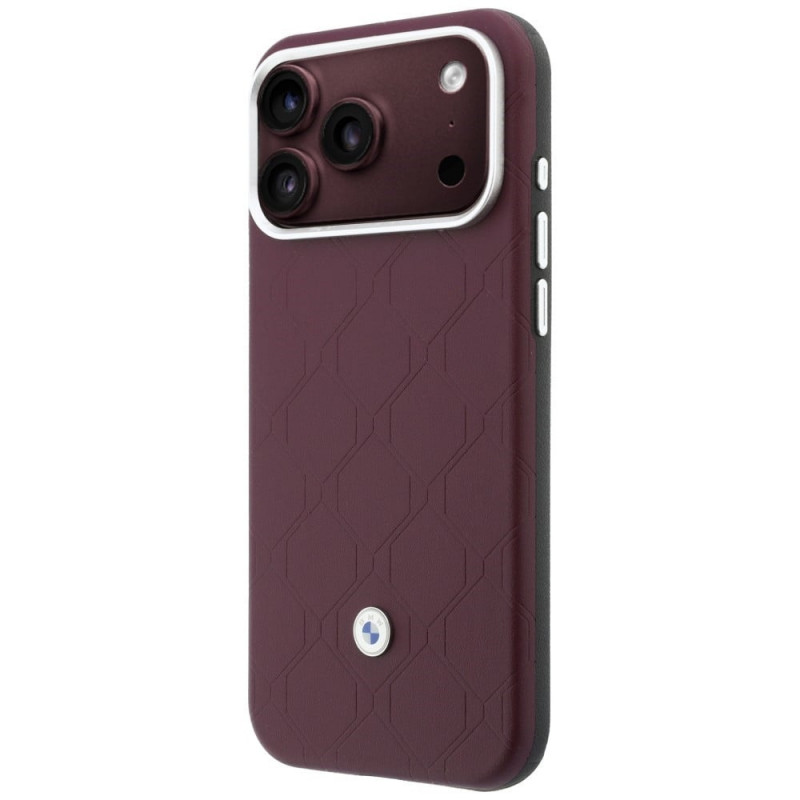 BMW Quilted Pattern Metal Logo ümbris ja rahakoti komplekt Apple iPhone 18 Pro Max / 17 Pro Max jaoks, burgundy