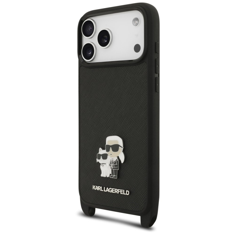 Karl Lagerfeld Saffiano Karl&Choupette Metal Pin CBDY Strap kaitsekott Apple iPhone 18 Pro Max / 17 Pro Max jaoks, must