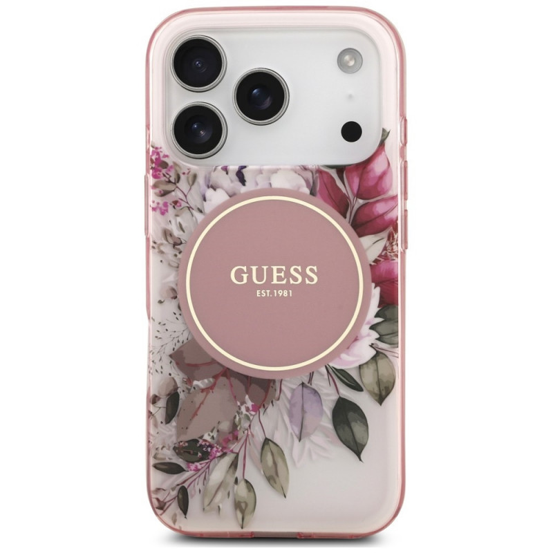 Guess IML Flower & Tonal Circle MagSafe ümbris Apple iPhone 18 Pro / 17 Pro jaoks, roosa