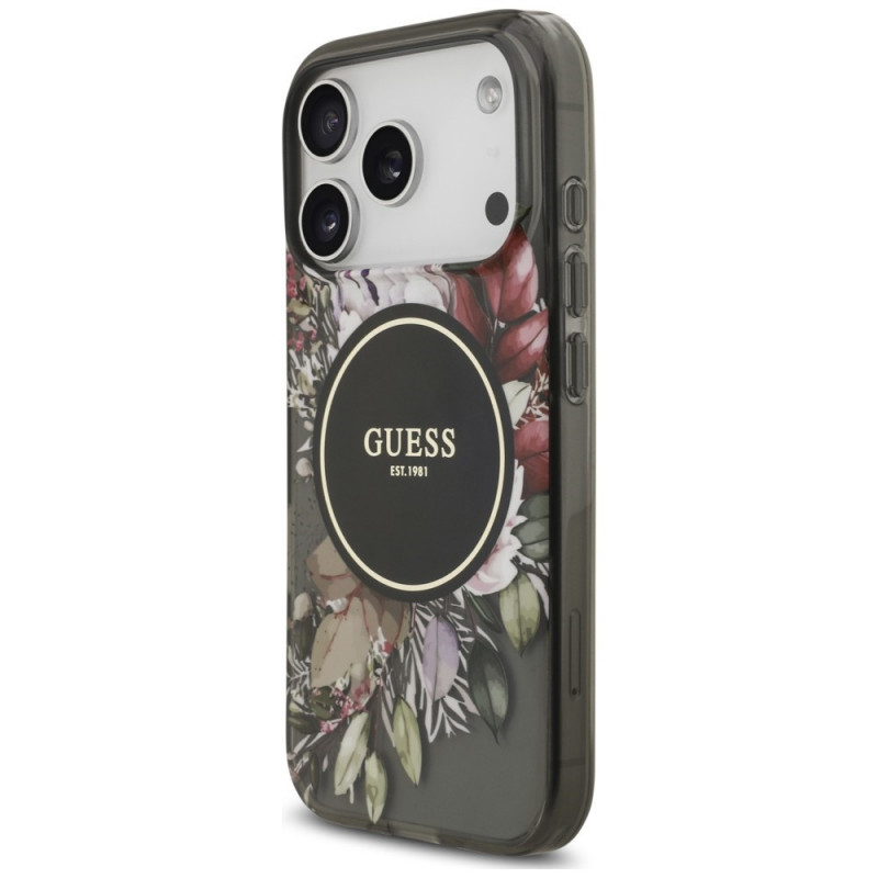 Guess IML Flowers Pearl Strap MagSafe ümbris Apple iPhone 18 Pro / 17 Pro jaoks, must