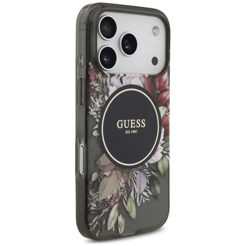 Guess IML Flowers Pearl Strap MagSafe ümbris Apple iPhone 18 Pro / 17 Pro jaoks, must