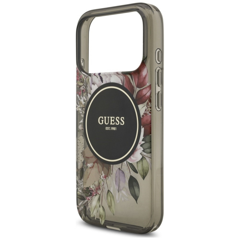 Guess IML Flowers Pearl Strap MagSafe ümbris Apple iPhone 18 Pro / 17 Pro jaoks, must