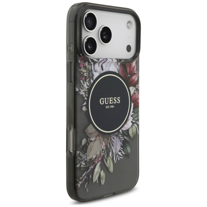 Guess IML Flowers Pearl Strap MagSafe ümbris Apple iPhone 18 Pro Max / 17 Pro Max, must