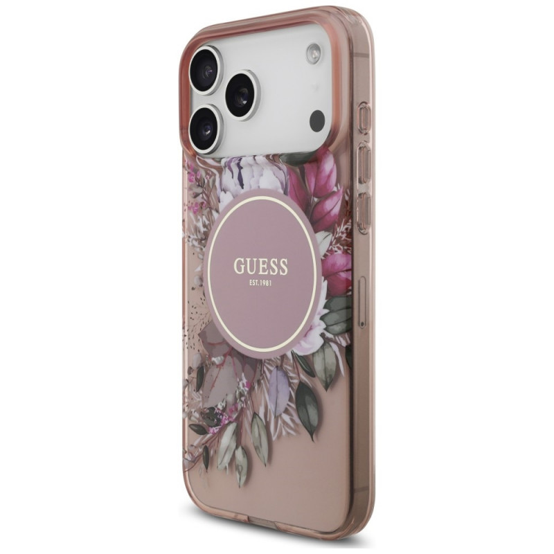 Guess IML Flowers Pearl Strap MagSafe kott Apple iPhone 18 Pro / 17 Pro jaoks, roosa