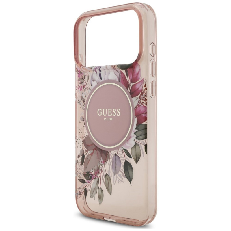 Guess IML Flowers Pearl Strap MagSafe kott Apple iPhone 18 Pro / 17 Pro jaoks, roosa