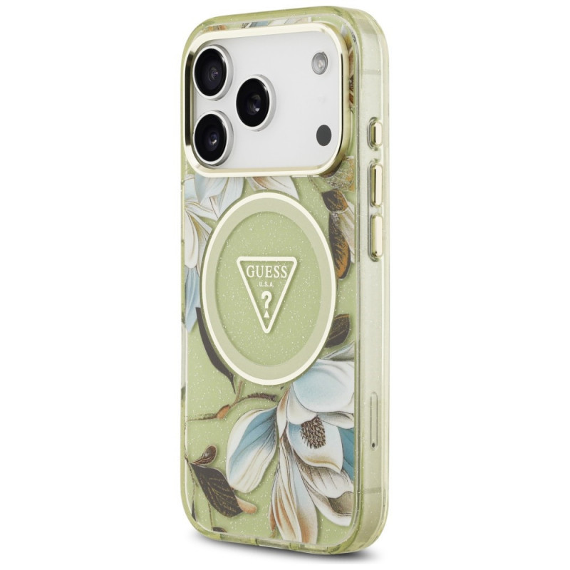 Guess IML Glitter Flowers Triangle MagSafe ümbris Apple iPhone 18 Pro Max / 17 Pro Max jaoks, roheline