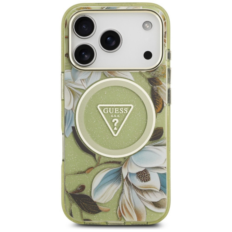 Guess IML Glitter Flowers Triangle MagSafe ümbris Apple iPhone 18 Pro Max / 17 Pro Max jaoks, roheline